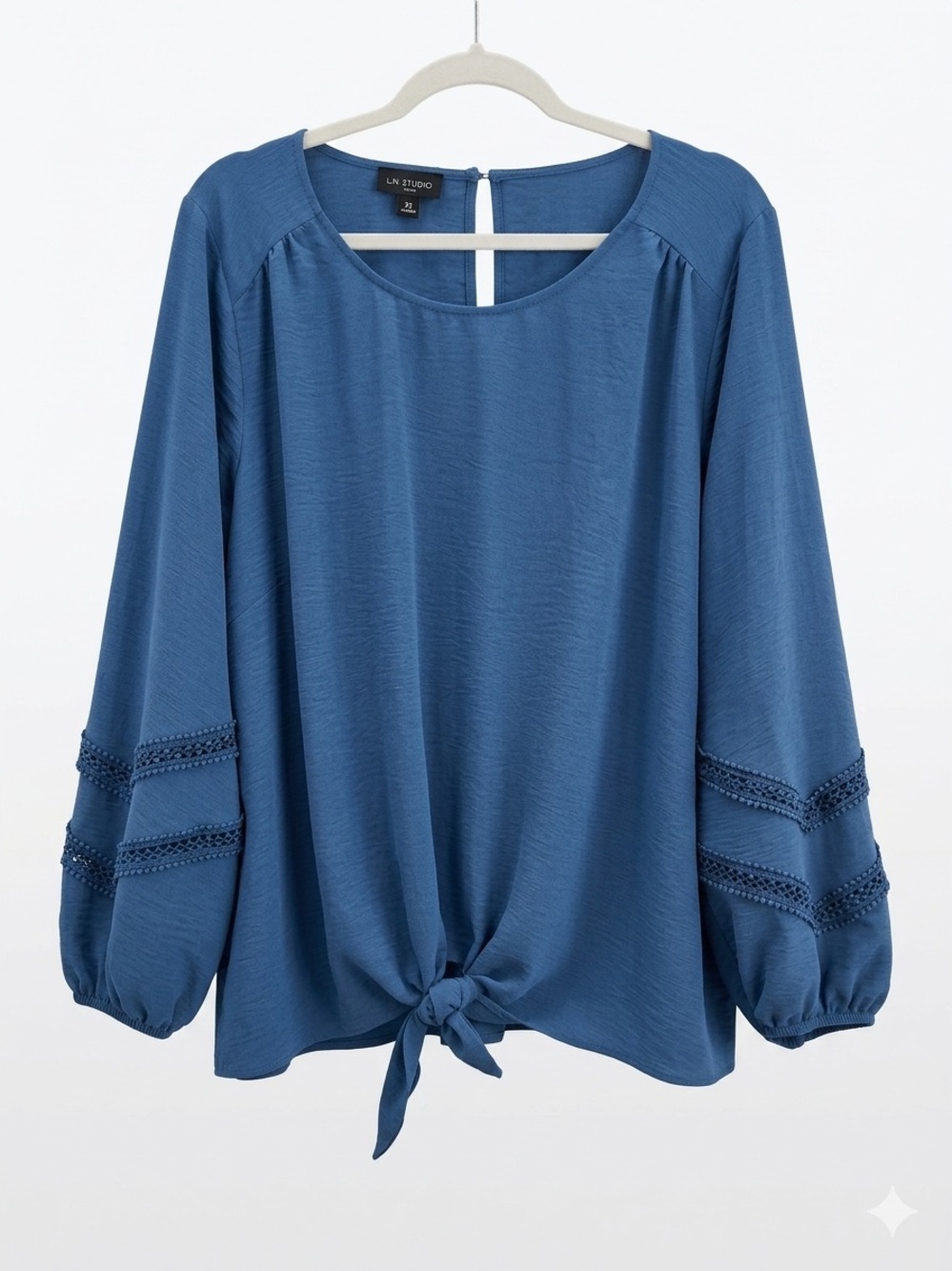 I.N. Studio Boho  2X Dusty Blue Long Sleeve Blouse with Crochet Detail